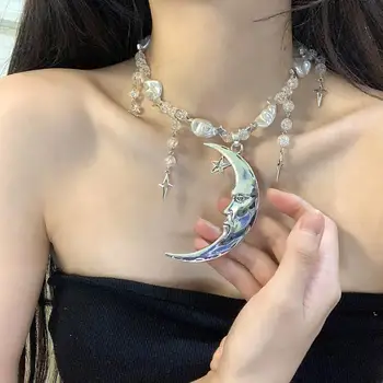 2023 K2Y Женская мода, ожерелье из искусственного жемчуга с Луной и звездой, персонализированная цепочка-ошейник из преувеличенного сплава