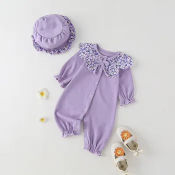 2023 Весенняя одежда для маленьких девочек, комбинезон, милая фиолетовая кукла с ромашкой, однобортная верхняя одежда для новорожденных с длинным рукавом