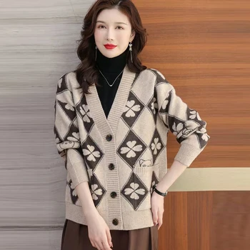 2023 Женское свободное пальто-кардиган с V-образным вырезом, осень-зима, модное вязаное пальто с геометрическим жаккардом, карман, однобортный свитер, пальто