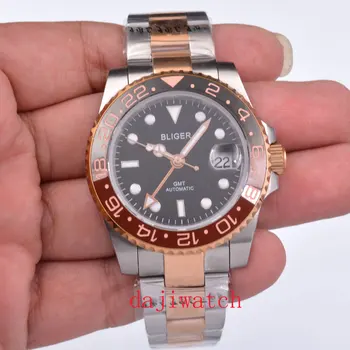 40-миллиметровый роскошный черный циферблат Bliger с сапфировым стеклом, автоматические механические часы GMT, корпус из нержавеющей стали, светящиеся мужские часы