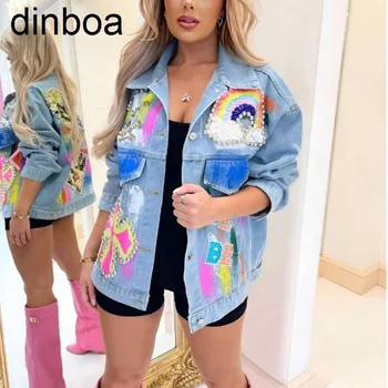 Dinboa-2023, женская уличная мода Оверсайз, Джинсовая куртка с граффити, радужный цвет, блестки, Джинсовая экипировка Shacket