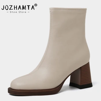 JOZHAMTA, Размер 34-39, Женские ботильоны, винтажная женская обувь из натуральной кожи на толстом высоком каблуке, Зима 2023, ботильоны в стиле ретро с квадратным носком