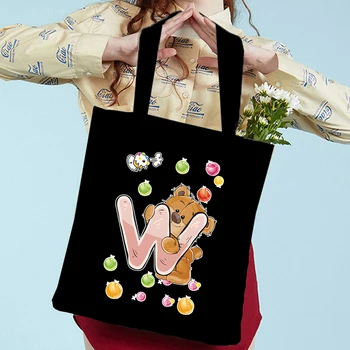 Kawaii Bear 26 Алфавитных холщовых сумок, Милые Сумки с животными, женская сумка для покупок, сумка-тоут, сумки через плечо для девочек, Модные Женские сумки