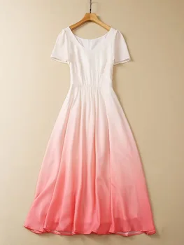 QQ7025 Модное шифоновое платье с круглым вырезом и градиентными короткими рукавами, 3-цветное платье в европейском и американском стиле, новое женское лето 2023