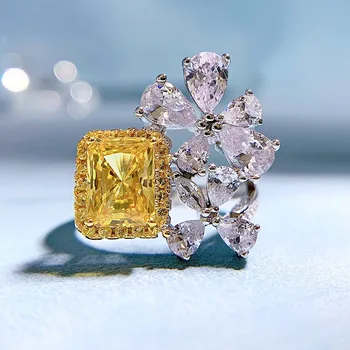 Spring Qiaoer Роскошь 100% Стерлингового Серебра 925 пробы, Колотый лед, 6 * 8 мм Цитрин, Высокоуглеродистые Бриллианты, Ювелирное кольцо с драгоценными камнями