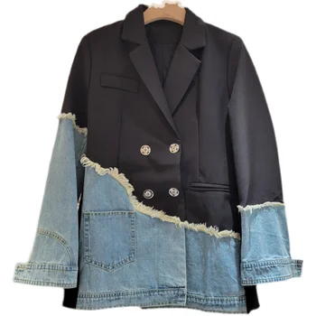 SuperAen 2023, Осенний Новый костюм, Джинсовая куртка с панелями, Женский Двубортный модный Блейзер с необработанным краем, пальто