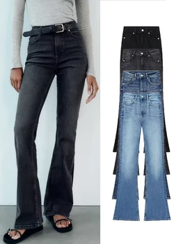 TRAF, новинка 2023, осенние женские джинсовые брюки свободного кроя, Элегантные однотонные джинсовые брюки со средней талией, карманы для поездок на работу, длинные брюки 4 цвета