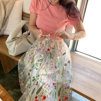 WDMSNA Корейская шикарная длинная юбка в стиле ретро с высокой талией, женская юбка с цветочной вышивкой, свободная женская юбка трапециевидной формы, большие качели