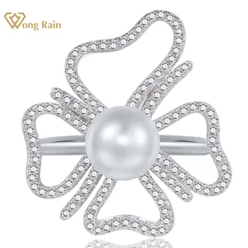 Wong Rain Элегантное 100% Серебро 925 пробы, 8 мм Жемчуг, Высокоуглеродистый бриллиант, драгоценный камень, Кольцо с бантом для женщин, подарки, свадебные украшения