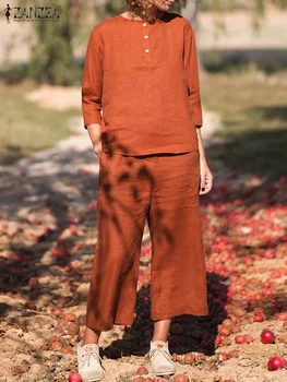 ZANZEA, Повседневные комплекты с блузкой и брюками с рукавом 3/4, модные комплекты из двух предметов, женские комплекты на осень, однотонный свободный спортивный костюм