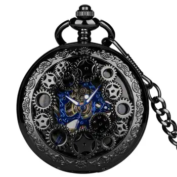 Антикварные Механические часы с зубчатой передачей, полый синий Секелетон, модные Черные часы-брелок с ручным заводом, часы с римским номером и 38-сантиметровой цепочкой-крючком