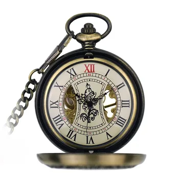 Античный стиль Стимпанк Полый бронзовый корпус с римским циферблатом Мужские механические карманные часы с ручным заводом с цепочкой-брелоком Хороший подарок