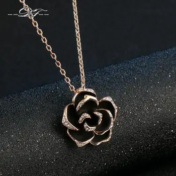 Большая Черная роза, Подвески цвета розового золота, Ожерелья и бижутерия Для женщин, подарки, Хрустальные цепочки, colares joias N021