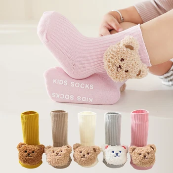 Детские носки с 3D мультяшным медведем, осень-зима, теплые короткие носки для мальчиков и девочек, Корейские противоскользящие носки для малышей, кальцетины
