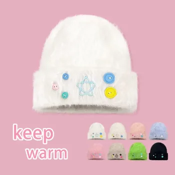 Дизайн цветных кнопок Y2k, имитация кроличьей шерсти, шапочки, женские осенне-зимние теплые милые универсальные пуловеры, мужские кепки