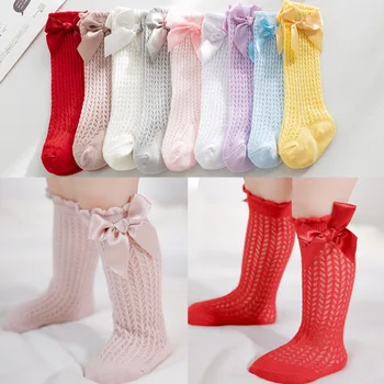 Длинные Чулки для новорожденных девочек, однотонные носки принцессы с милым бантом, дышащие свободные носки, открытые носки для ребенка 1-2 лет
