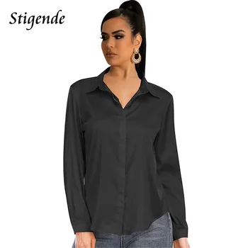 Женские рубашки с длинным рукавом, блузки с отложным воротником, приталенная блузка на пуговицах, Элегантные однотонные Рабочие рубашки с отворотом на шее