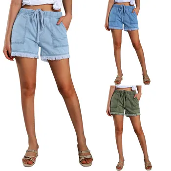 Женские свободные короткие джинсы Повседневные шорты с эластичной резинкой на талии, потертый подол, выстиранные джинсовые шорты