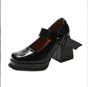 Женские туфли-лодочки с квадратным носком на массивном каблуке с пуговицами, новые модные туфли на высоком каблуке из искусственной кожи, черные туфли на неглубокой платформе и большой платформе