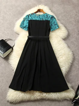 Женское летнее платье Черное Vestidos С коротким рукавом Кружевное Пэчворк Aline Elegant Party Robe Femmes 2023 Новая мода Повседневная