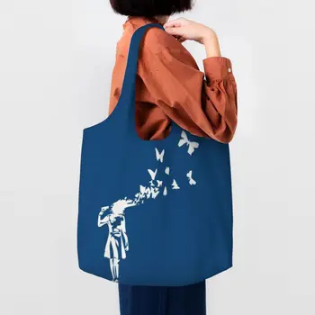 Забавный Принт Banksy Butterfly Girl Shopping Tote Bag Многоразовая Холщовая Сумка-Шоппер На плечо Animal Art Bag