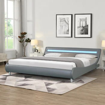 Каркас кровати на платформе с мягкой обивкой King Size из искусственной кожи со светодиодной подсветкой, изогнутый дизайн, опора из деревянных планок, используется для спальни