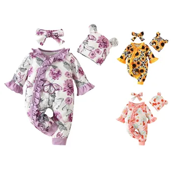 Комбинезон для новорожденных девочек с расклешенными рукавами и цветочным рисунком, пасхальный наряд для маленьких девочек, одежда для дня рождения, балетки для девочек, детское боди