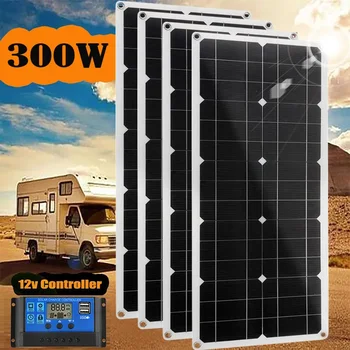 Комплект солнечных панелей 18 В, зарядное устройство мощностью 300 Вт, гибкая Солнечная система с солнечным контроллером 12 В 24 В для автомобиля, лодки, дома на колесах