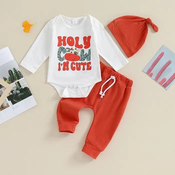 Комплект штанов для новорожденных из 3 предметов, комбинезон с буквенным принтом для маленьких девочек и мальчиков, штаны с завязками, шляпа, одежда для младенцев