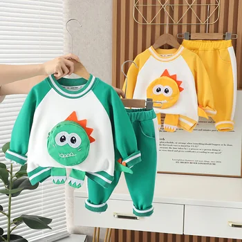 Комплекты для мальчиков Весна -осень 2023, новые детские свитера и брюки с динозавром в западном стиле