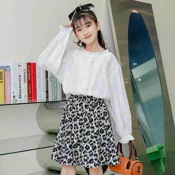 Комплекты одежды для девочек, белые рубашки и юбка с леопардовым принтом, двойка/Костюмы для корейских девочек, Детский костюм от 4 до 13 лет