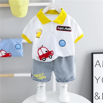 Комплекты одежды для маленьких мальчиков, Летняя футболка с отворотом в виде мультяшного автомобиля, Шорты, Детская одежда из 2 предметов, Детская повседневная одежда