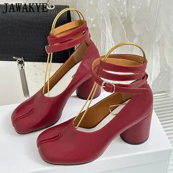Красные туфли таби из натуральной кожи с разрезным носком и ремешками на щиколотках Mary Janes, Женские винтажные модные брендовые женские туфли-лодочки на высоком каблуке