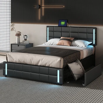 Кровать-платформа со светодиодной подсветкой и USB-зарядкой, кровать для хранения с 4 выдвижными ящиками, черный
