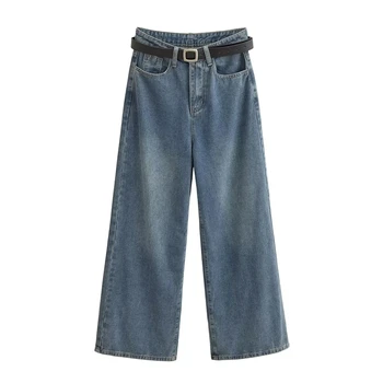 Летние Новые женские брюки 2023, широкие джинсы, ретро Универсальные синие модные брюки с поясом, свободные уличные прямые брюки с высокой талией