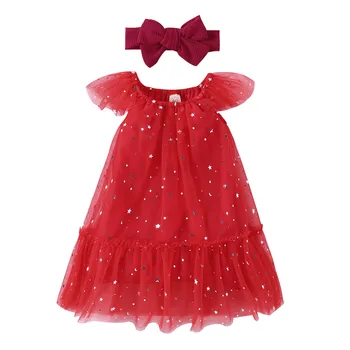 Модное летнее милое красное платье без рукавов с повязками на голове для девочек, рождественское платье для маленьких девочек, платье