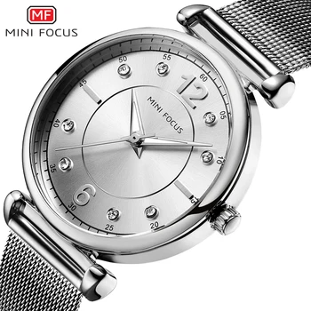 Модные женские часы MINI FOCUS, лидирующий бренд, роскошные женские наручные часы Reloj Mujer Montre Femme, Серебристый сетчатый ремешок из нержавеющей стали