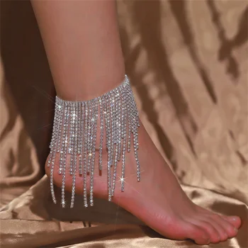 Модный женский ножной браслет с длинной кисточкой, блестящая цепочка серебряного цвета, хрустальный ножной браслет, вечерние украшения