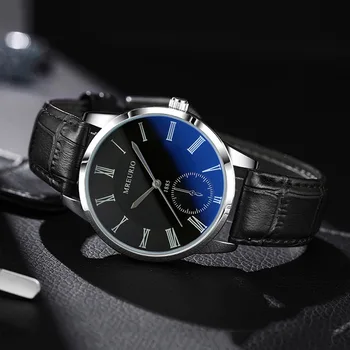 Мужские кварцевые часы Blue Light, модные классические деловые ручные часы, кожаный ремешок, мужские студенческие уличные черные наручные часы