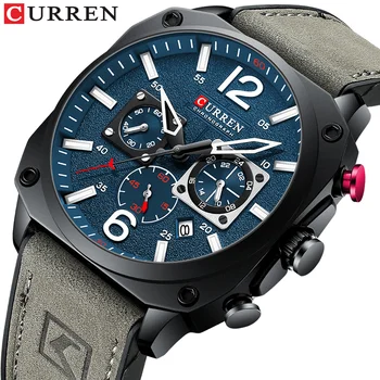 Мужские часы CURREN, модные водонепроницаемые многофункциональные часы с хронографом, кожаный календарь с шестью иглами, светящиеся кварцевые часы
