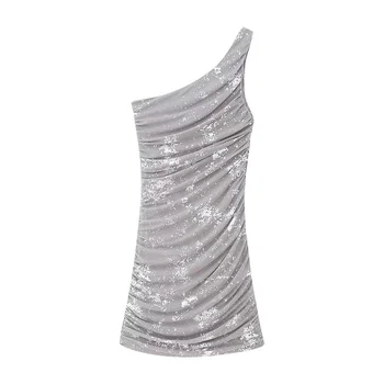 Новое женское приталенное Сексуальное мини-платье с принтом из металлической проволоки, весенне-летнее модное повседневное Универсальное платье с рукавом на одно плечо неправильной формы.