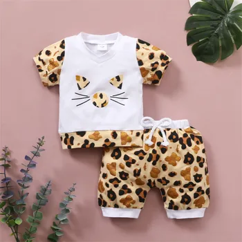 Новорожденный младенец Унисекс, весенне-летний хлопковый леопардовый принт, футболка с коротким рукавом, шорты, одежда, детское обертывание для девочек