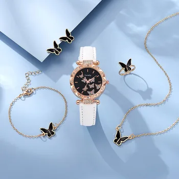 Новые женские часы-комплект украшений из 4 предметов, модный индивидуальный простой ювелирный набор, часы с циферблатом в виде бабочки, ожерелье, браслет, серьги