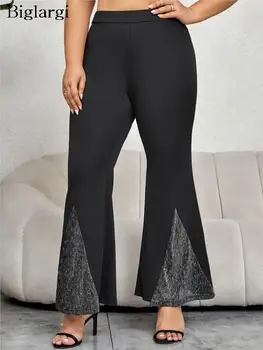Осенние расклешенные брюки больших размеров, женские модные женские брюки в стиле пэчворк, Черные повседневные облегающие Женские расклешенные длинные брюки 2023