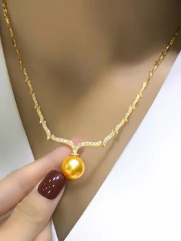 Подвеска из золотых бусин с жемчугом морской воды 14-15 мм, бриллиант из золота 18 Карат, ожерелье из золотых бусин Nanyang, Круглое зеркальное гладкое ожерелье
