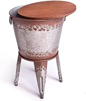 Приставной столик с акцентом | Оцинкованный журнальный столик в деревенском стиле | Металлическая оттоманка для хранения, Деревянная крышка с подставкой | Скамейка для хранения в стиле фермерского дома