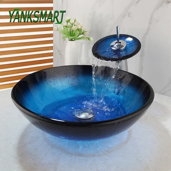 Раковина для ванной комнаты YANKSMART Из закаленного стекла, Раковина в синюю полоску С Водопадным краном, Умывальник с круглым сливом, Комбинированный комплект