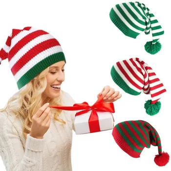 Рождественская вязаная шапка для взрослых, шапочки с Эльфом, Санта-Клаус, Красная, Зеленая Полосатая вязаная шапка крючком, С Рождеством, С Новым годом