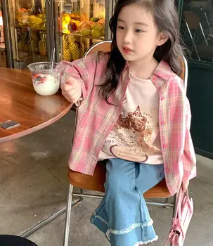 Розничная продажа, 2023, Осенняя Корейская розовая блузка в клетку Для маленьких девочек, Милая футболка Принцессы для детей от 2 до 7 лет