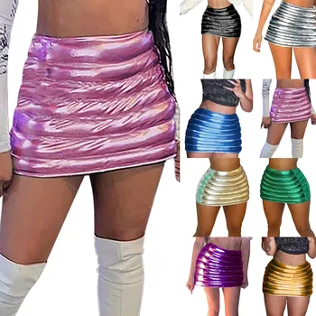 Сексуальная мини-юбка с металлическим отливом, блестящая юбка, клубная облегающая юбка, Сексуальный костюм для вечеринки для женщин